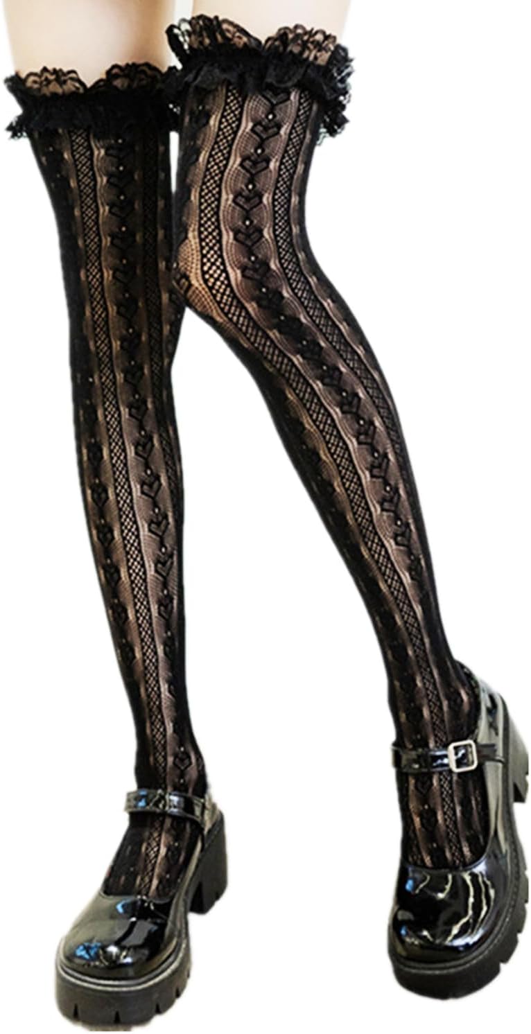 Ninejuize Thigh High Stockings with Bow, Santa Accessory Y2K Fishnet Socks with Lace Brim Lingerie Tights for Women - Image 1